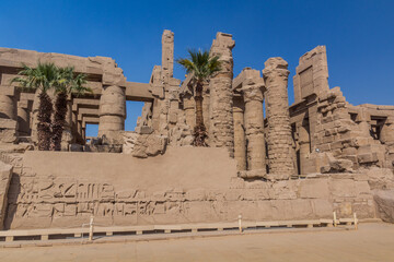 Decorated columns of the Great Hypostyle Hall in the Amun Temple enclosure in Karnak, Egypt