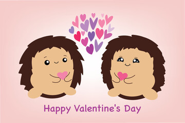 Cute hedgehogs. Valentine with lovers. Vector illustration isolated on pink background.