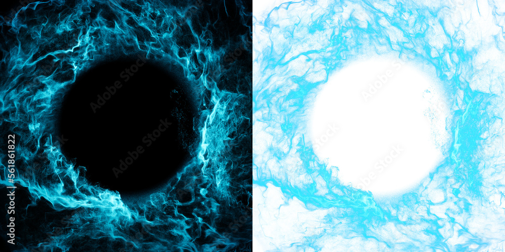 Poster blue spiral of flowing particles, creating a circular illustration with a transparent copy space in 