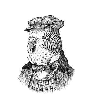 recommend clip art: Budgerigar character or common parrot, shell parakeet. Fashionable Aristocrat or Rich Man. Hand drawn bird. Engraved old monochrome sketch.