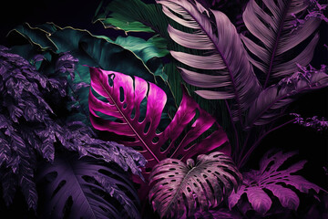 Lush colorful tropical leaves, dark background. AI