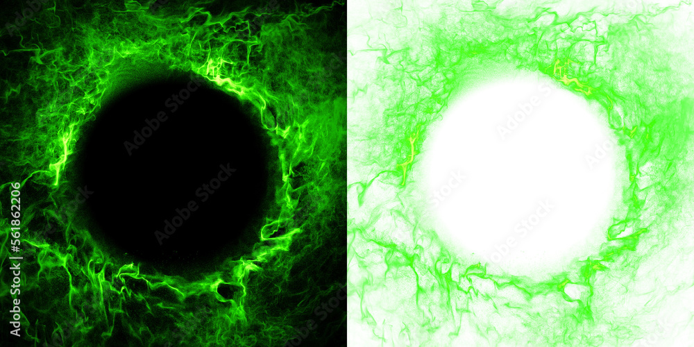 Poster green spiral of flowing particles, creating a circular illustration with a transparent copy space in