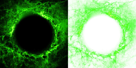 Green spiral of flowing particles, creating a circular illustration with a transparent copy space in the center, perfect to insert message or logo. PNG transparent, graphic element.