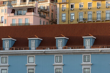 Close-up of traditional apartment building architecture in central Lisbon Portugal