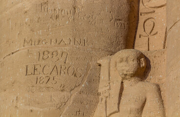 Old stone inscriptions at the Great Temple of Ramesses II  in Abu Simbel, Egypt