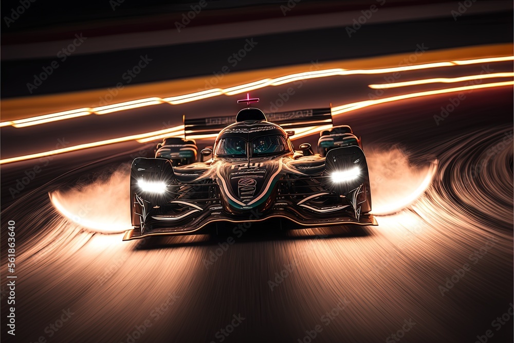 Poster a car driving on a track with a lot of lights on it's side and a blurry background behind it, with a