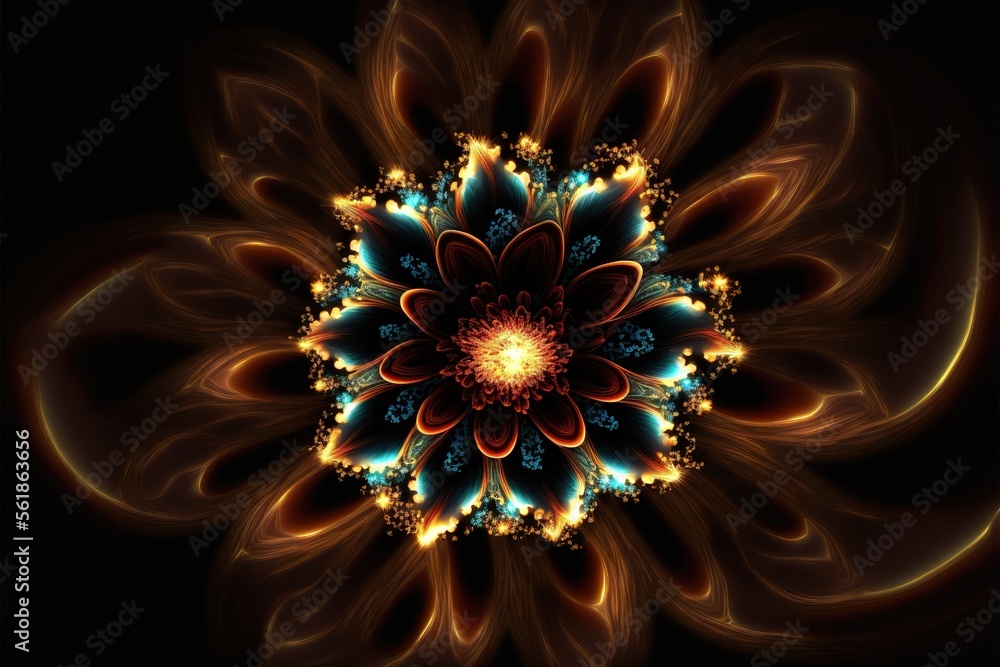 Poster a computer generated image of a flower with a black background and a yellow center surrounded by sma