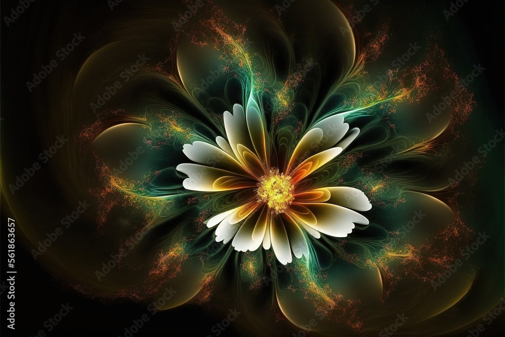 Poster a computer generated image of a flower with a black background and a yellow center and green center 