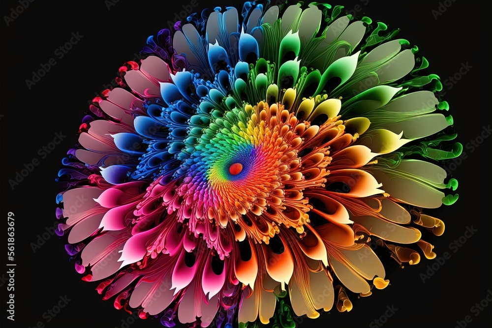 Poster a colorful flower with a black background is shown in this image, it appears to be a multicolored fl