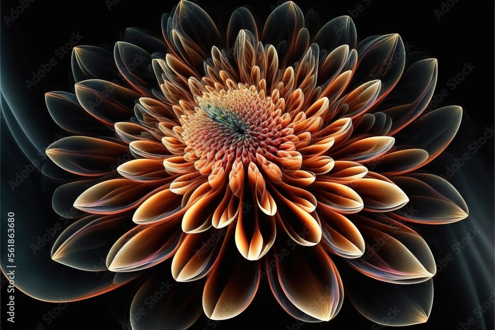 Poster a large flower with a black background and a blue center is shown in the center of the image, with a