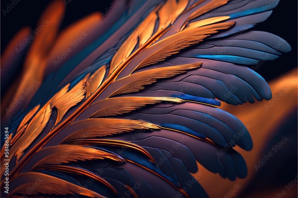 Poster a close up of a blue and orange feather with a black background and a black background with a gold a