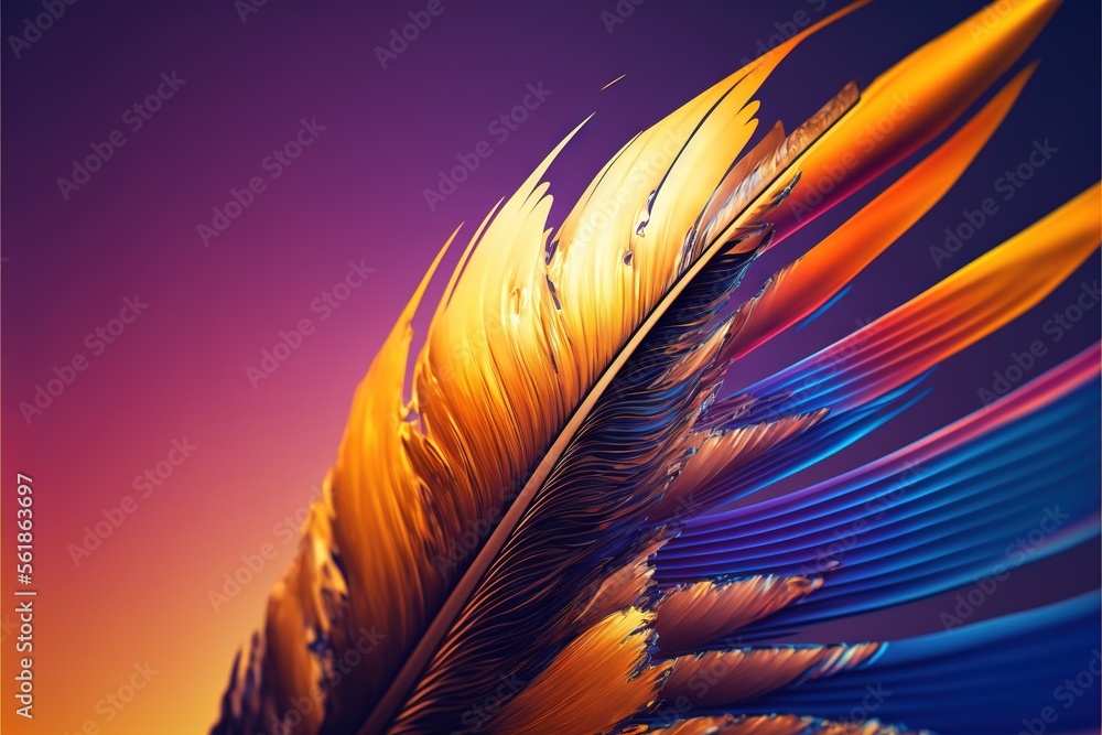 Poster a close up of a colorful feather on a purple background with a pink and yellow background and a blue