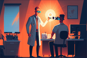 comprehensive eye health checkup with his optometrist. The optometrist is using a variety of tests and equipment to evaluate comprehensive eye health checkup with his optometrist. generative ai