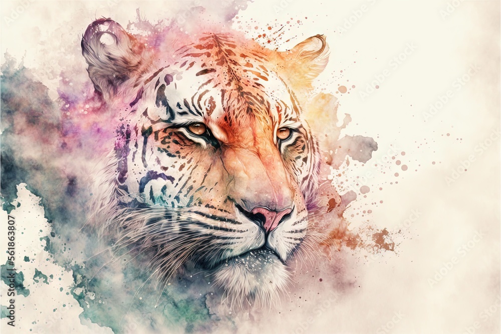 Poster a tiger with a watercolor effect of its face and eyes, with a white background and a splash of color