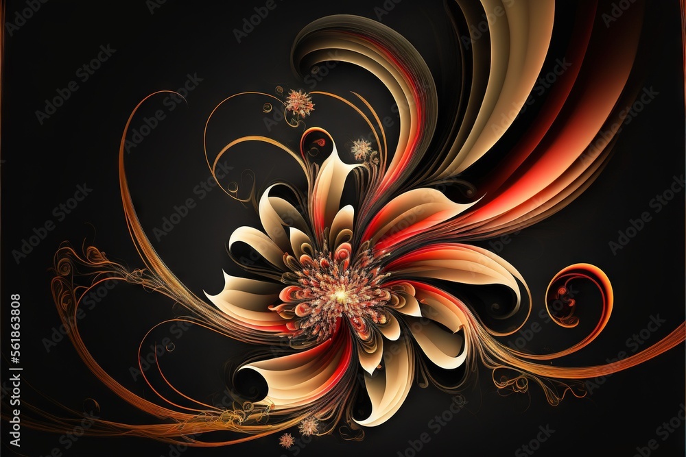 Poster a computer generated image of a flower on a black background with a red center and a gold center and