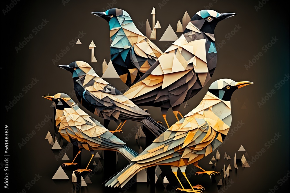 Poster a group of birds sitting on top of each other on a black background with triangles in the background