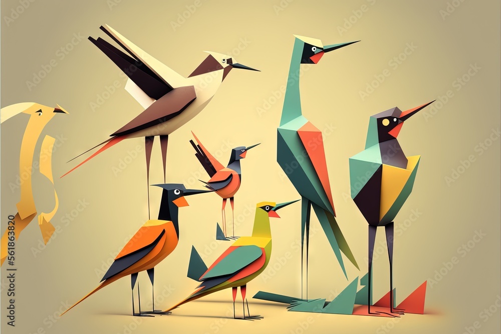 Poster a group of birds standing next to each other on a yellow background with a shadow of them on the gro
