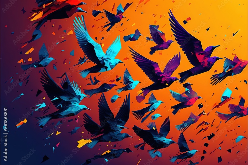 Poster a flock of birds flying through the air with orange and blue colors in the background and a black fr
