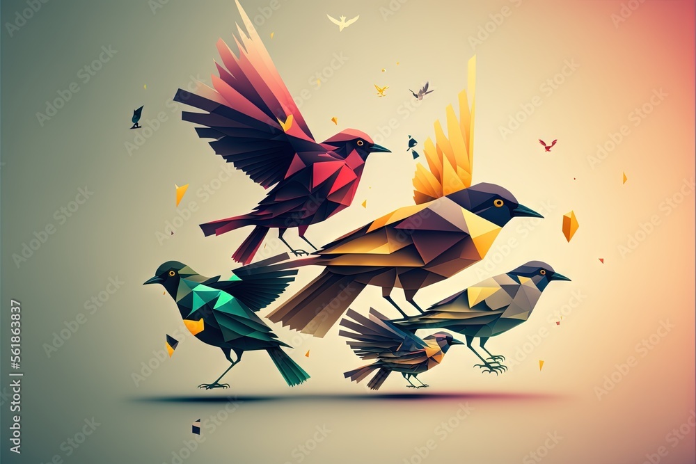 Poster a group of birds flying around each other on a gray background with a colorful background and a few 