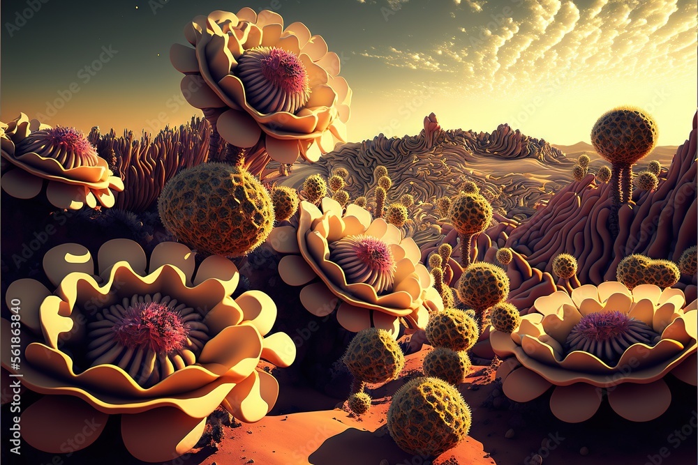 Poster a painting of a desert with cactus plants and a sky background with clouds and sun shining through t