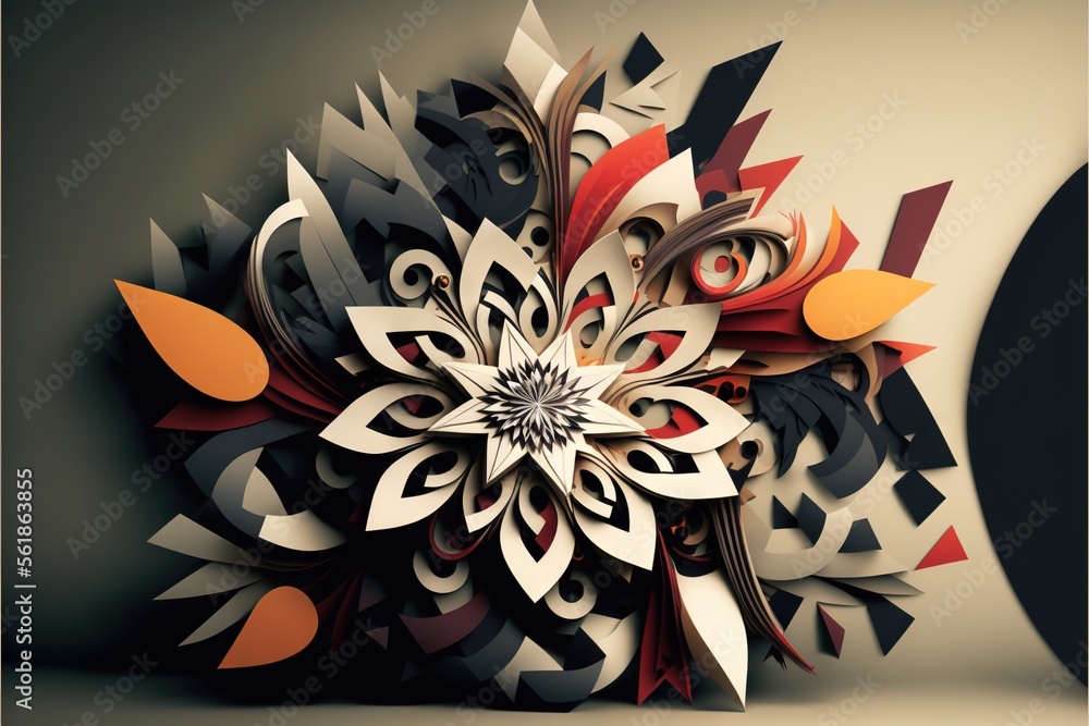 Poster a paper sculpture of a flower with many colors and shapes on it's surface, with a circular object in