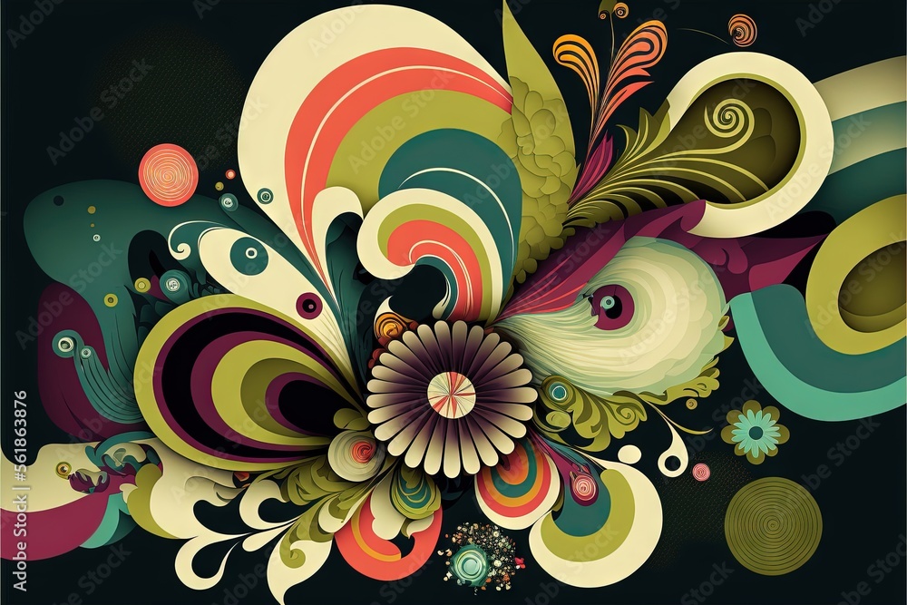 Aufkleber a colorful abstract painting with a bird and flowers on it's back side, with a black background and 