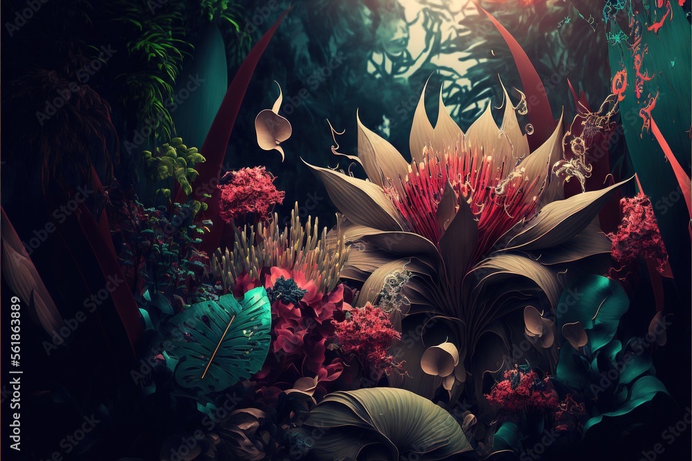 Poster a painting of a bunch of flowers in a forest with a light shining on them and a bird flying over the