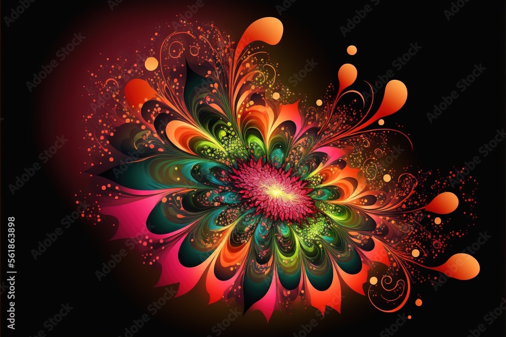 Poster a colorful flower with lots of bubbles and swirls on a black background with a black background and 