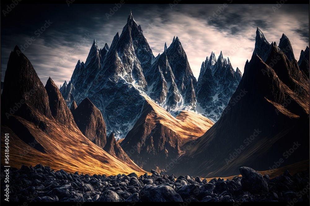 Poster a mountain range with a rocky landscape and a cloudy sky above it, with a few rocks in the foregroun