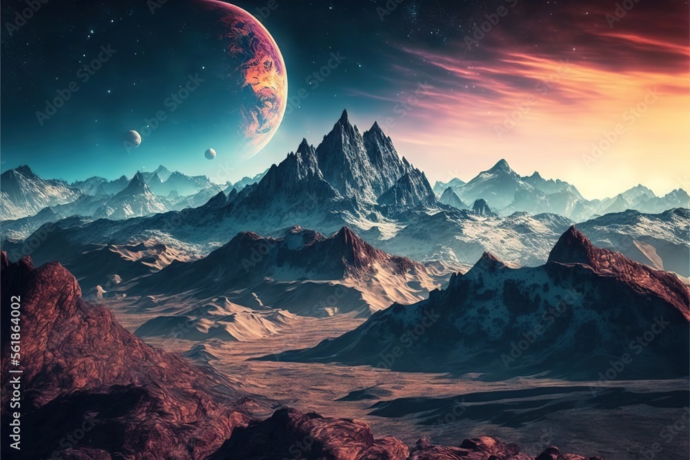 Poster a view of a mountain range with a planet in the background and a distant star in the sky above it, w