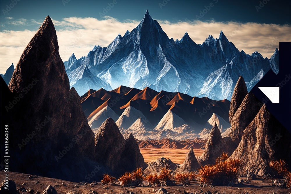 Poster a mountain range with a blue sky and clouds in the background with a white arrow pointing to the top