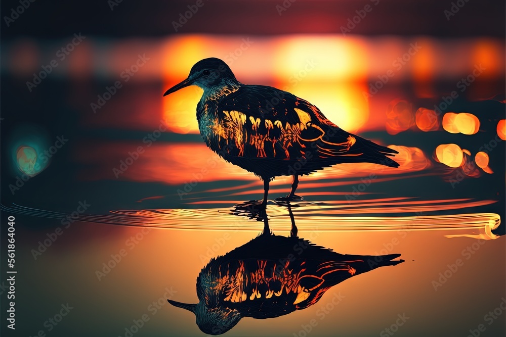 Poster a bird standing on top of a body of water at sunset with a reflection of it in the water and a build