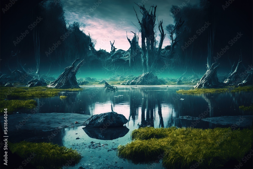 Poster a swampy area with a rock in the middle of it and a dark sky in the background with clouds and trees