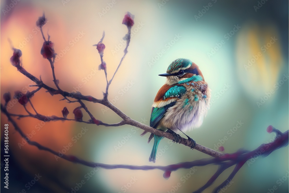 Poster a colorful bird sitting on a branch with a blurry background behind it and a blurry background behin