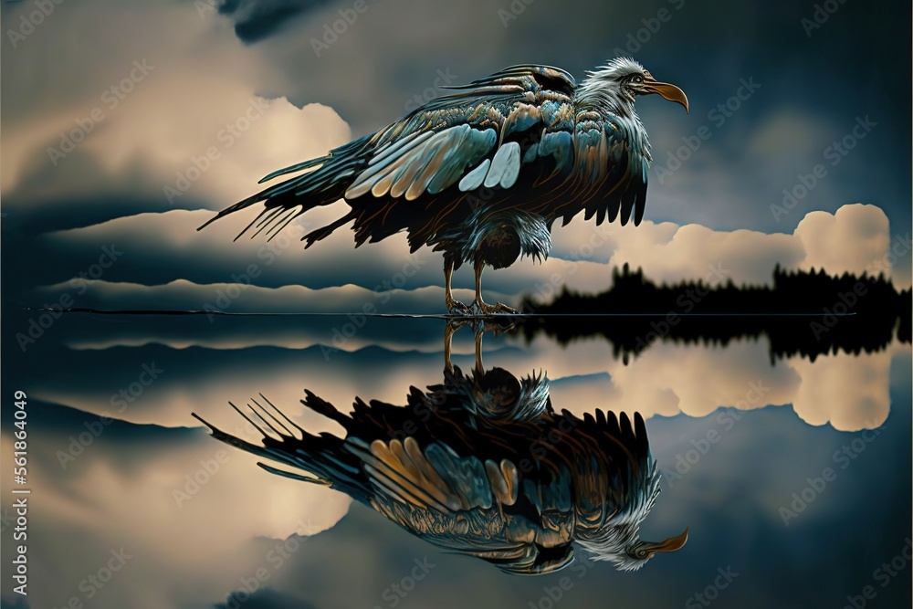 Poster a bird standing on a rock in the water with clouds in the background and a reflection of it in the w