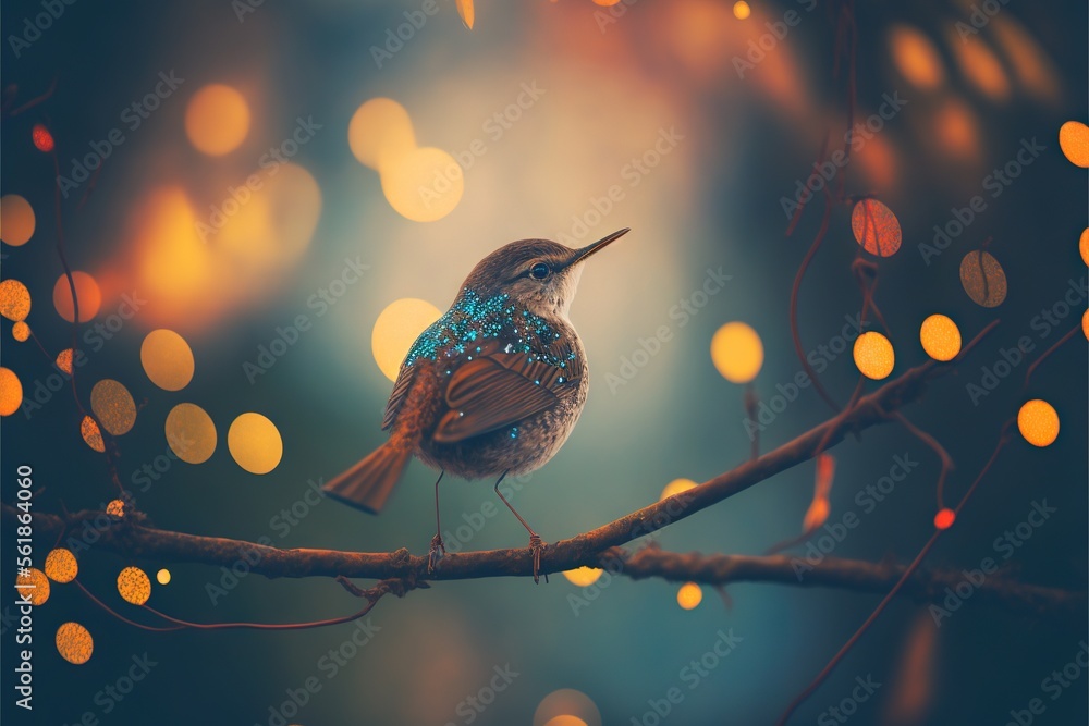 Poster a small bird sitting on a branch with lights in the background at night time, with a blue and orange