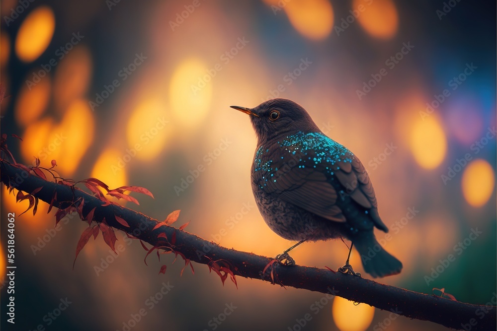 Aufkleber a bird sitting on a branch with a blurry background of lights in the background and a blurry backgro