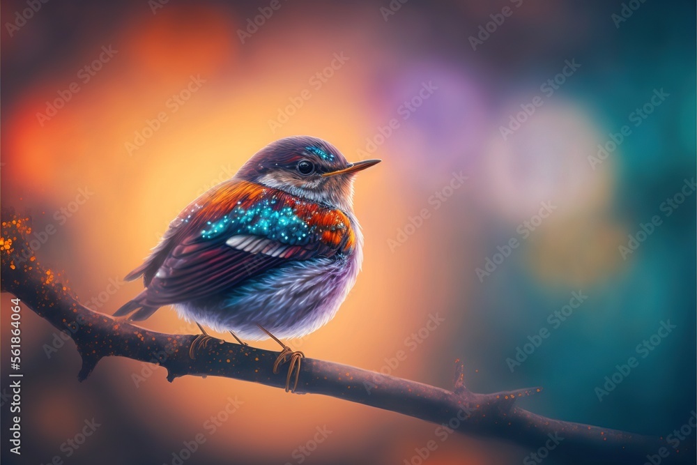 Poster a colorful bird sitting on a branch with a blurry background behind it and a blurry background behin