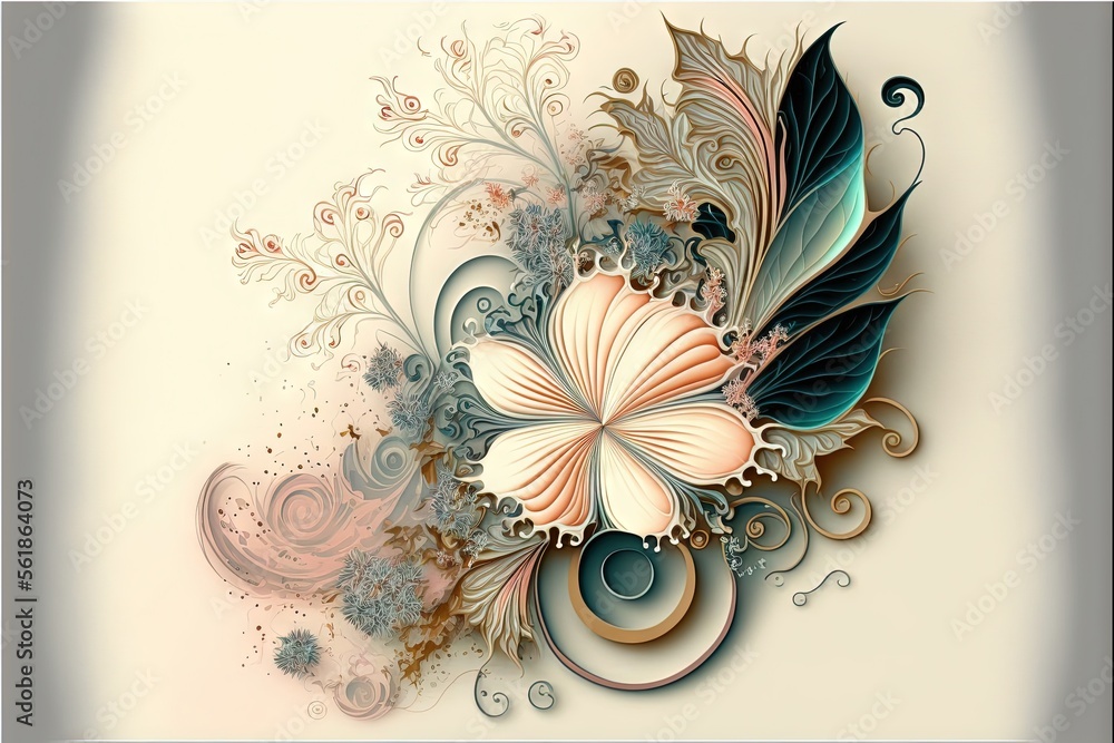 Poster a painting of a flower with a swirly design on it's side and a leaf on the side of the flower, with 