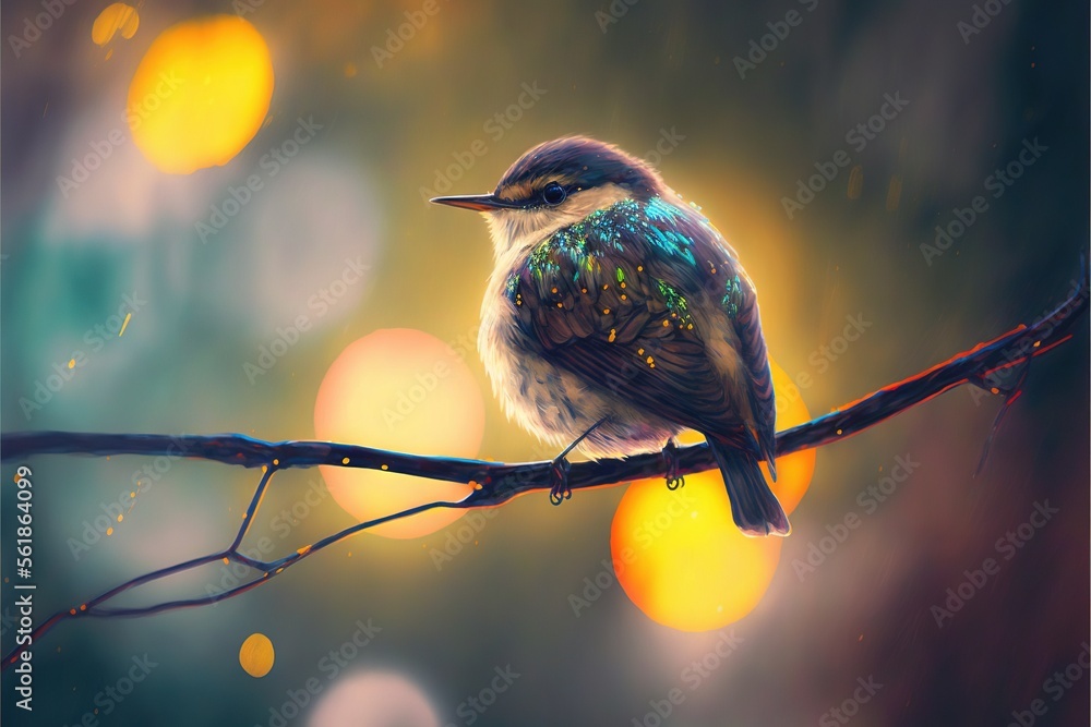 Poster a bird sitting on a branch with a blurry background behind it and a boke of light behind it, with a 