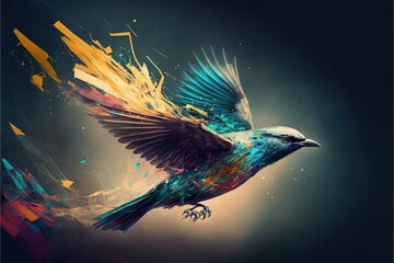  a bird with colorful feathers flying through the air with a dark background and yellow and blue streaks on its wings and wings, with a black background with a yellow and blue border, and.