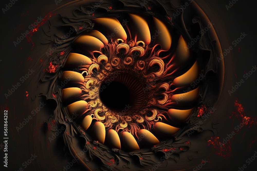 Poster a computer generated image of a spiral design in orange and yellow colors with a black background an