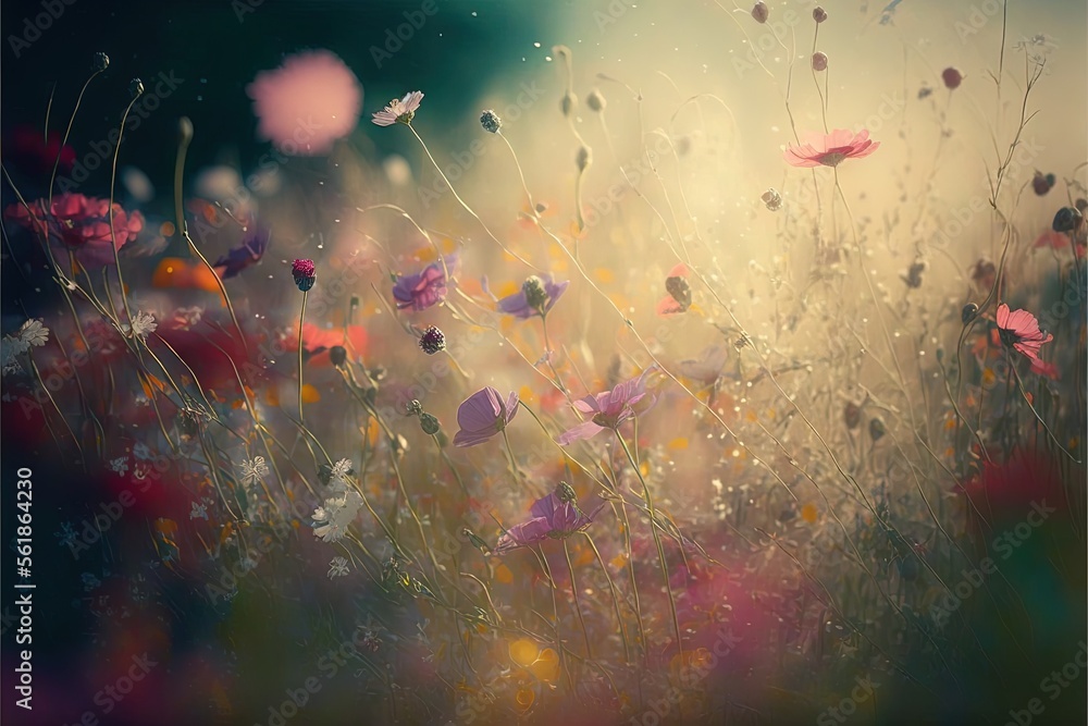Poster a field of flowers with a sky background and a blurry image of the flowers in the background is a bl