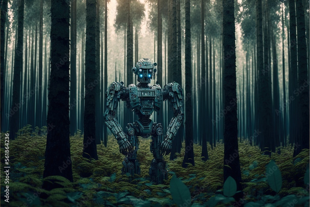Poster a robot standing in the middle of a forest with trees in the background and a sun shining through th