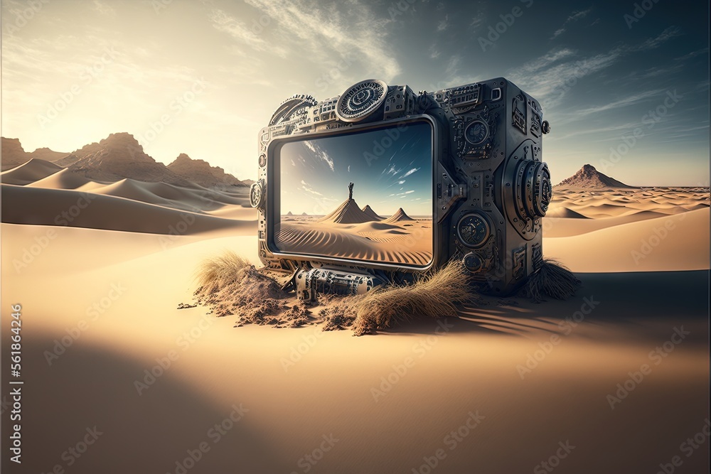 Poster a television in the middle of a desert with a desert landscape in the background and a desert landsc