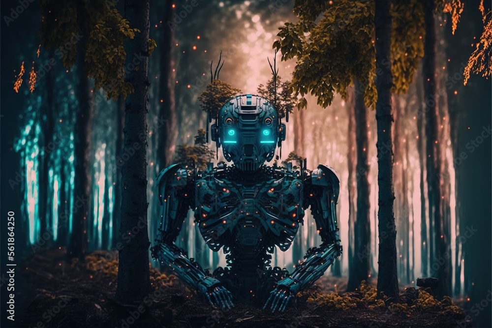 Poster a robot standing in the middle of a forest with trees and lights on it's face and body, with a glowi