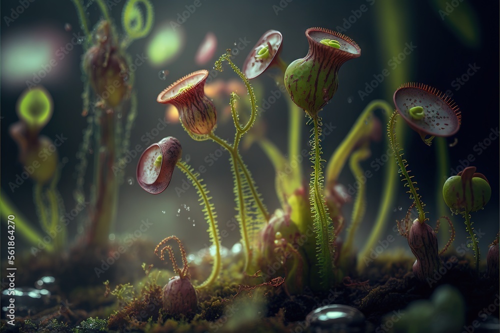 Poster a group of plants with green stems and flowers growing out of them on a mossy surface with a dark ba
