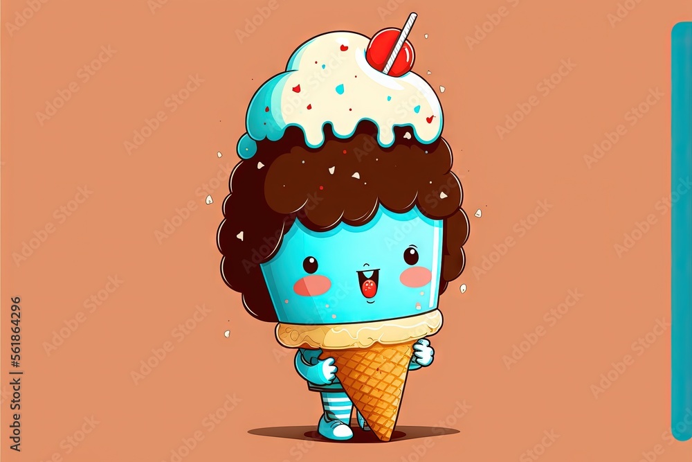 Poster a cartoon ice cream cone with a smiling face and a chocolate ice cream cone on top of it's head, wit