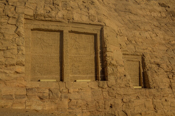 Rock reliefs at the temples in Abu Simbel, Egypt.