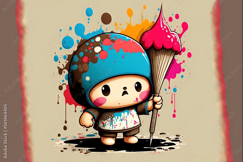 Poster a cartoon character holding a paintbrush and a cupcake on a splatkled background with a grungy backg
